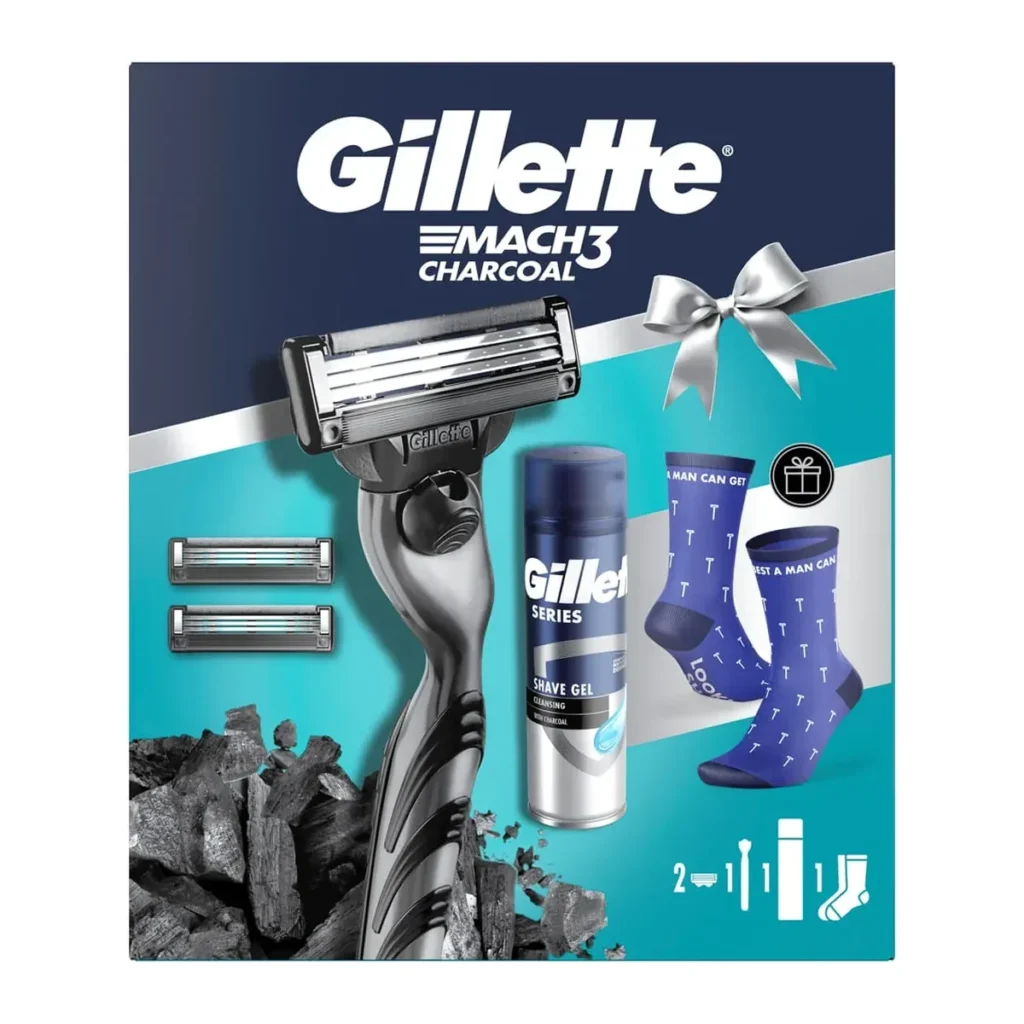 Set cadou Gillette: gel de duș, after shave și aparat de ras Mach3 cu șosete, 200 ml