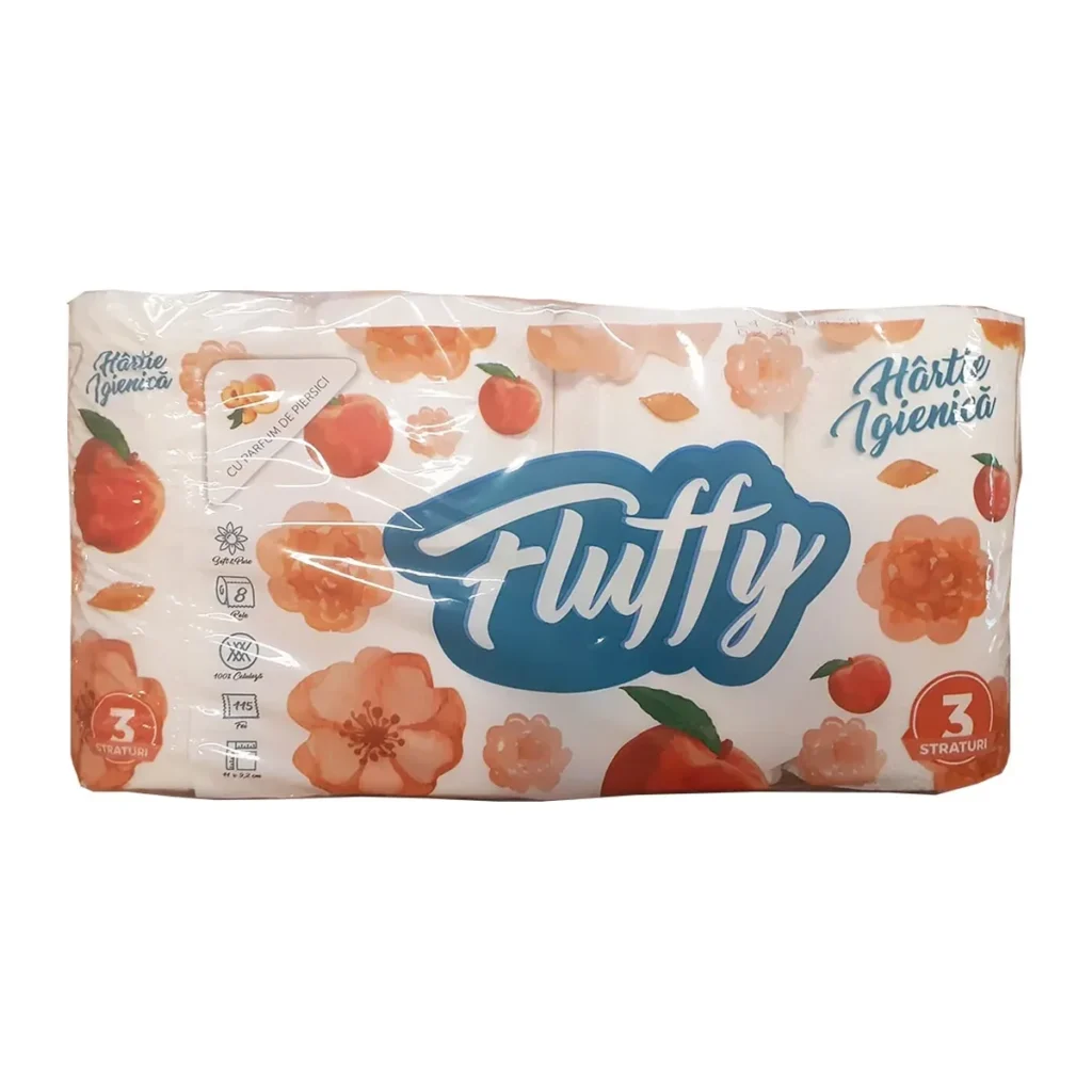 Hârtie igienică Fluffy Extra Soft Piersică, 3 straturi, 8 role