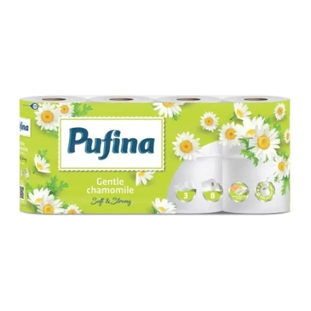 Hârtie igienică Pufina Gentle Chamomile, 3 straturi, 8 role