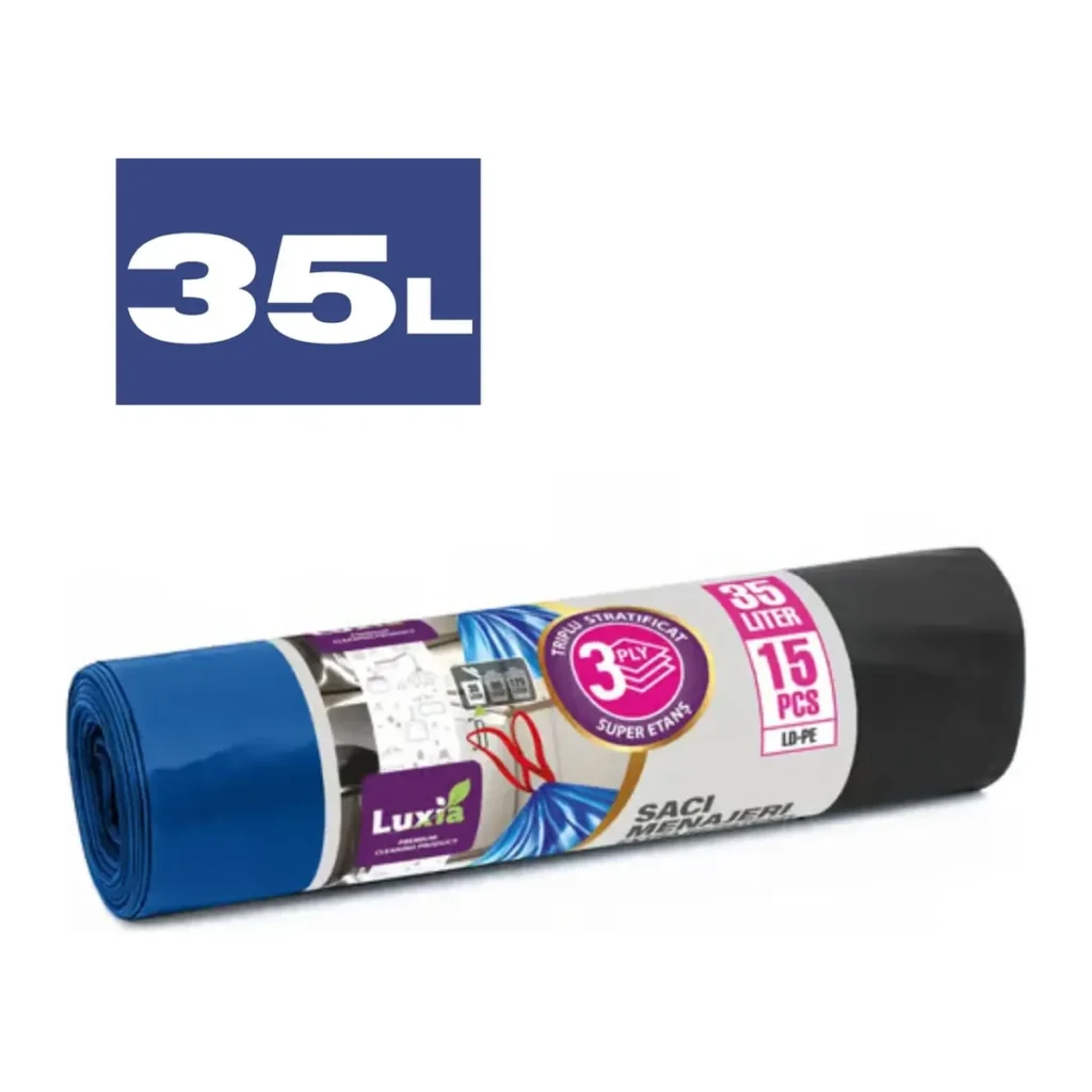 Saci menajeri Luxia Triplu Strat Albastru cu Șnur LDPE, 35 L, 15 buc/rolă